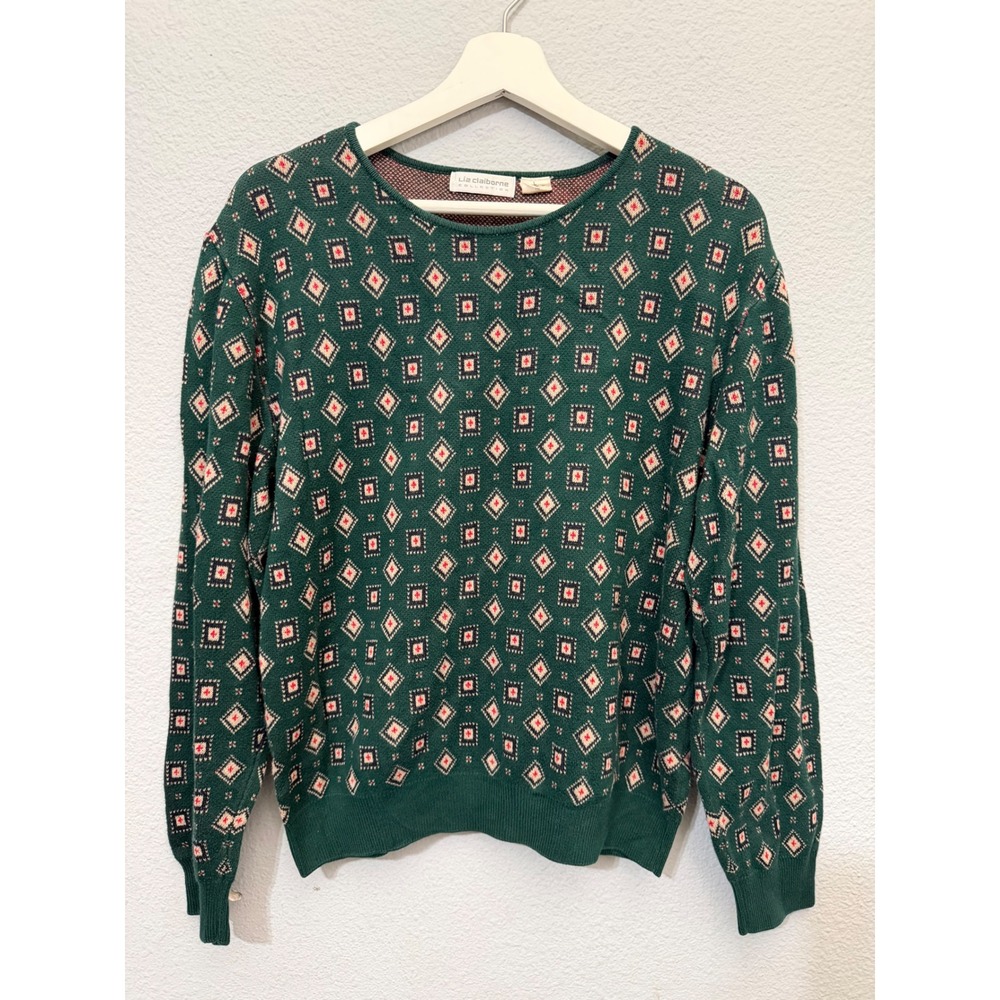 Vintage 80s Liz Claiborne Sweater L Green Geometric Diamond Cotton Blend Women